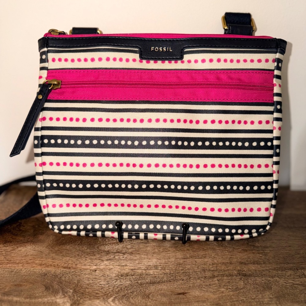 Fossil Eliza Crossbody Bag Striped Canvas Pink Black Zip Top Shoulder Purse